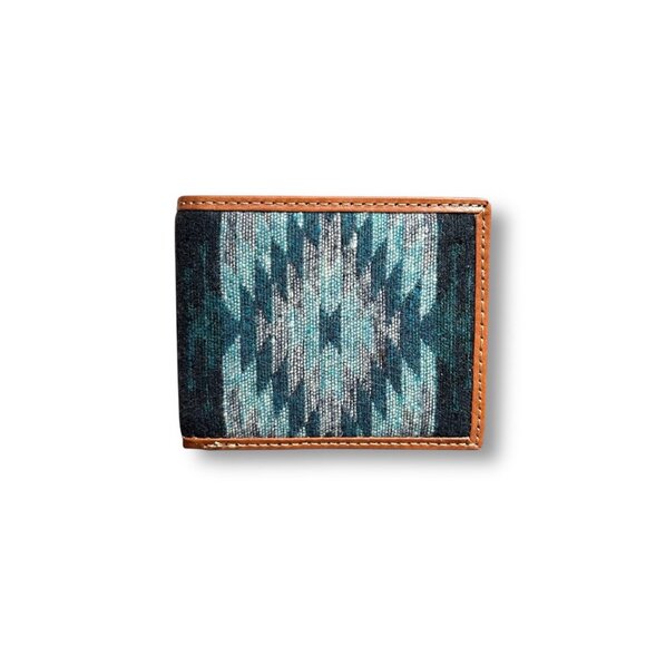 Tony Lama Bifold Wallet Blue Gray Aztec Canvas Leather Western RFID Cowboy NIB - Picture 1 of 7